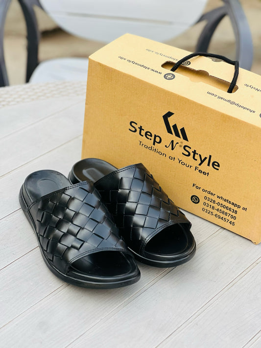 LEATHER BRAIDED BLACK OXF-SLIPPERS