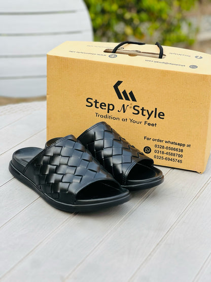LEATHER BRAIDED BLACK OXF-SLIPPERS