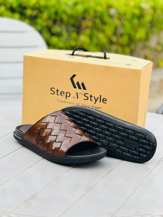 LEATHER BRAIDED BROWN OXF-SLIPPERS